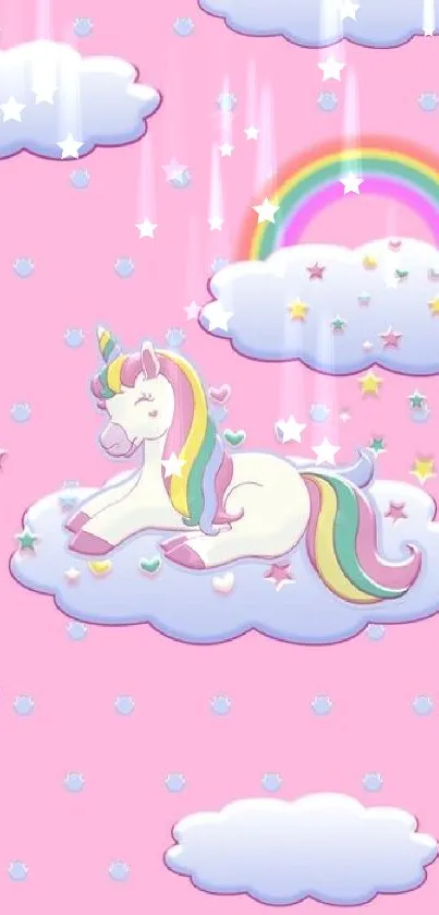 Cute unicorn on a cloud with a rainbow on pink background.