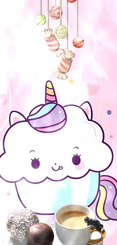 Cute unicorn-themed wallpaper with coffee and candy.