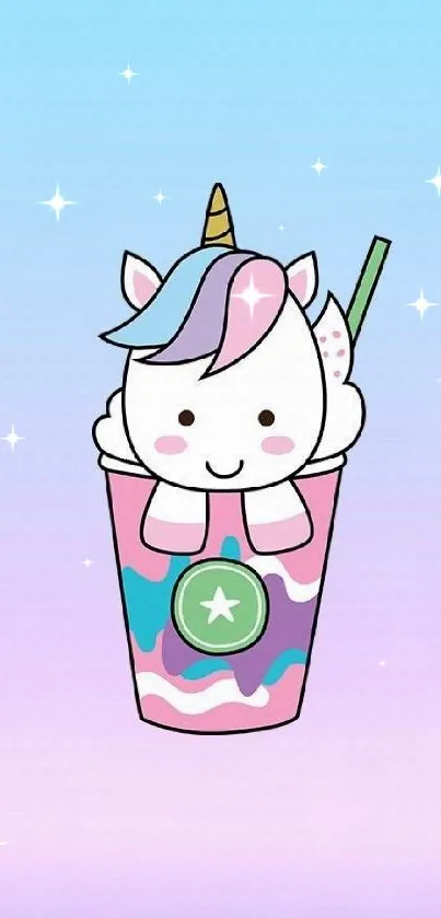 Cute unicorn in pastel drink design on mobile wallpaper.