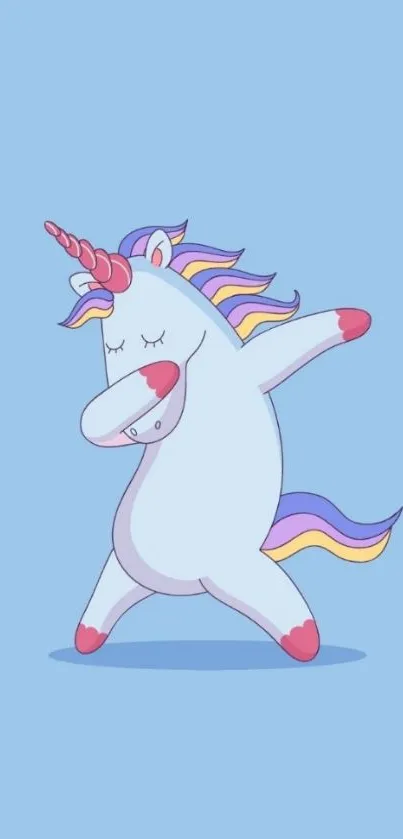 A cute dabbing unicorn on a blue background.