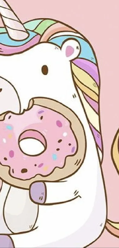 Cute unicorn with a donut on a pink background.