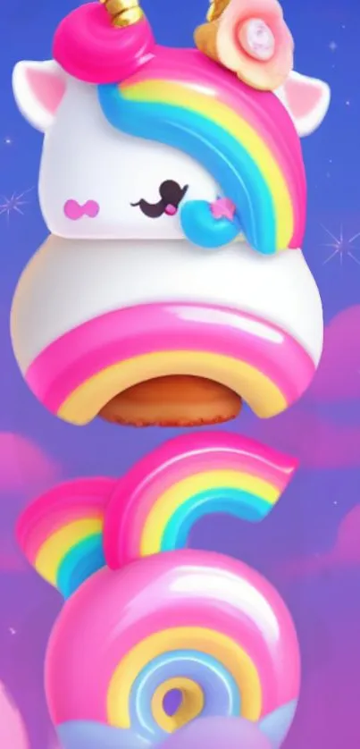 Cute unicorn doughnut with rainbow mane on a pastel background.