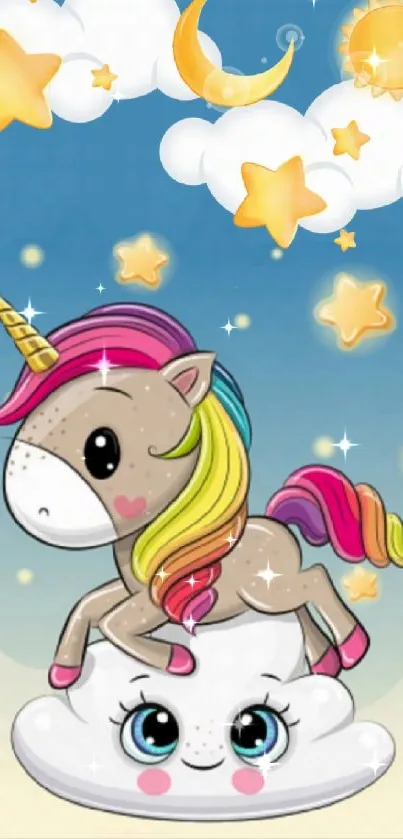 Cute unicorn with rainbow mane on a cloud background.