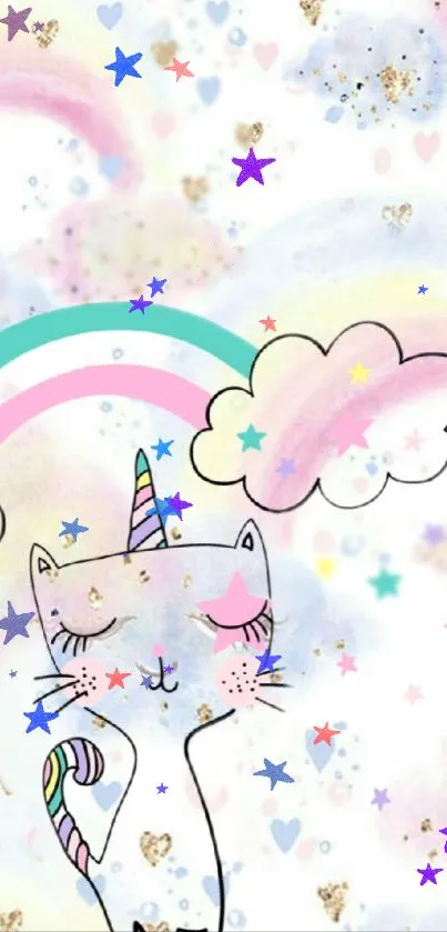 Adorable unicorn with rainbow, stars, and clouds in a pastel-themed wallpaper.