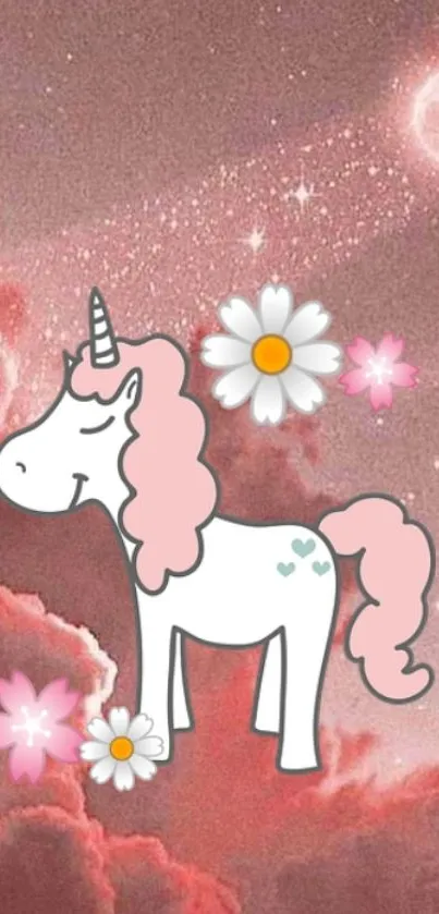 Cute unicorn with flowers on a pink sky background.