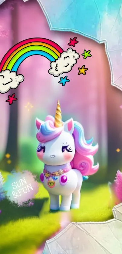 Adorable unicorn with rainbow in a magical forest setting.