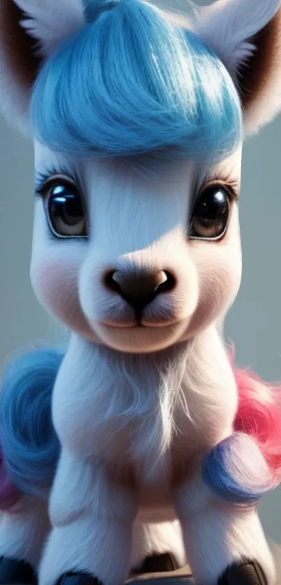Adorable pastel unicorn with fluffy fur, sky blue and pink hues on a fantasy backdrop.