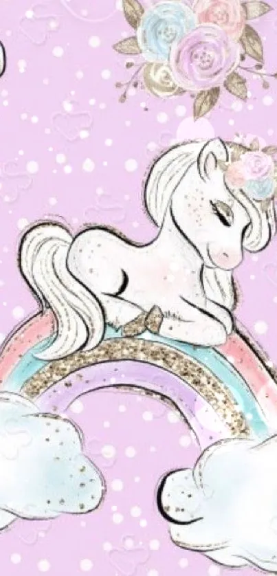 Cute unicorn on pastel rainbow with clouds and flowers wallpaper.