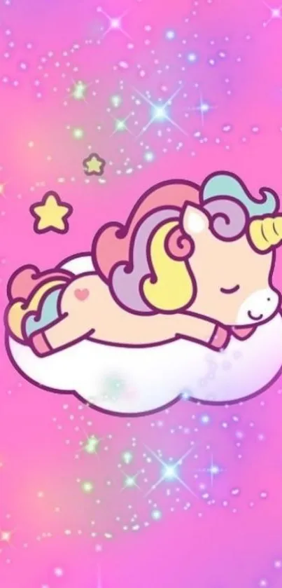 Cute unicorn resting on cloud with pink sparkly background.