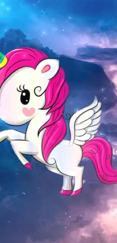 Cute unicorn with pink mane in a galaxy sky.