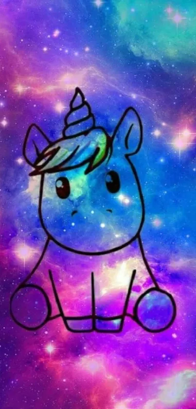 Hand-drawn cute unicorn on a galaxy background with stars.