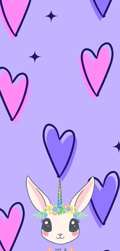 Lavender wallpaper with unicorn and heart designs.