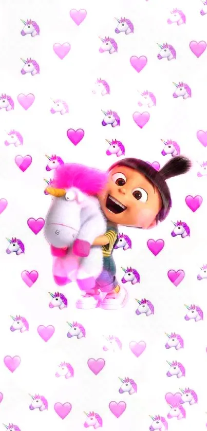 Cute cartoon girl with unicorn and pink hearts pattern.