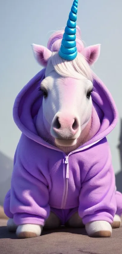 Unicorn in a purple hoodie sitting on a rock.