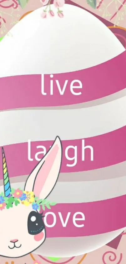 Whimsical unicorn wallpaper with live laugh love text.