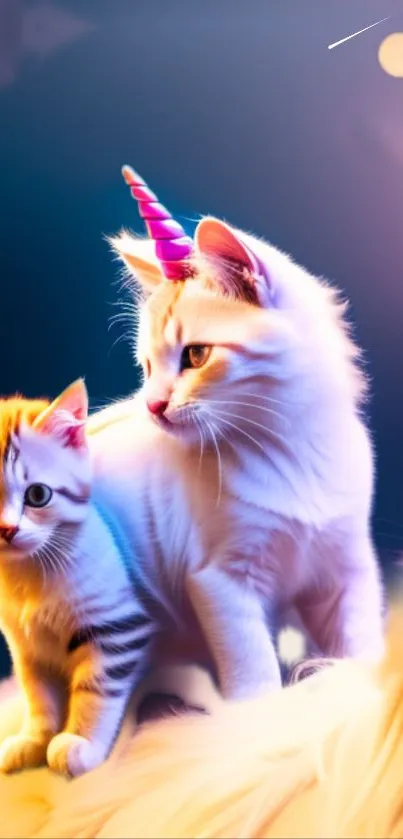 Adorable kittens with unicorn horn against a dreamy night sky.