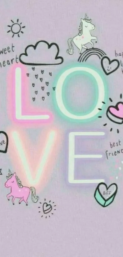 Mobile wallpaper with neon love, unicorns, and pastel colors.