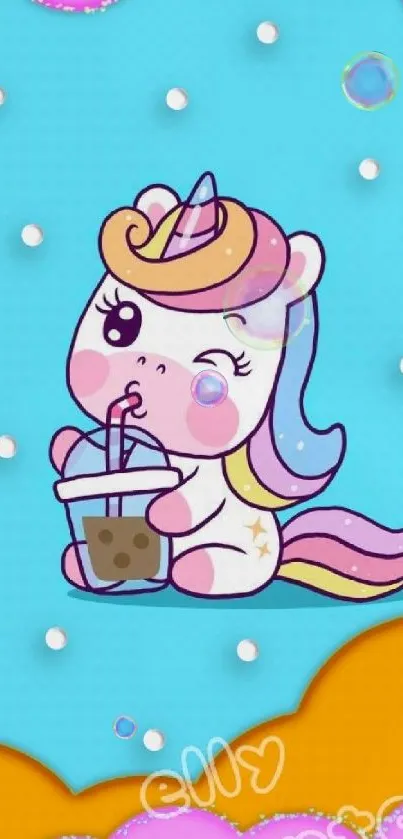 Cute pastel unicorn sipping a drink on blue background.