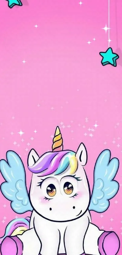 Cartoon unicorn with wings on a pink background with hanging stars.