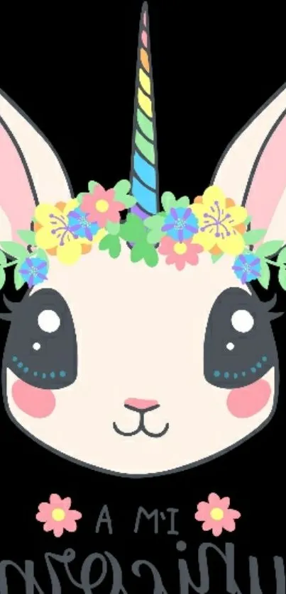 Cute unicorn with floral crown on black background.