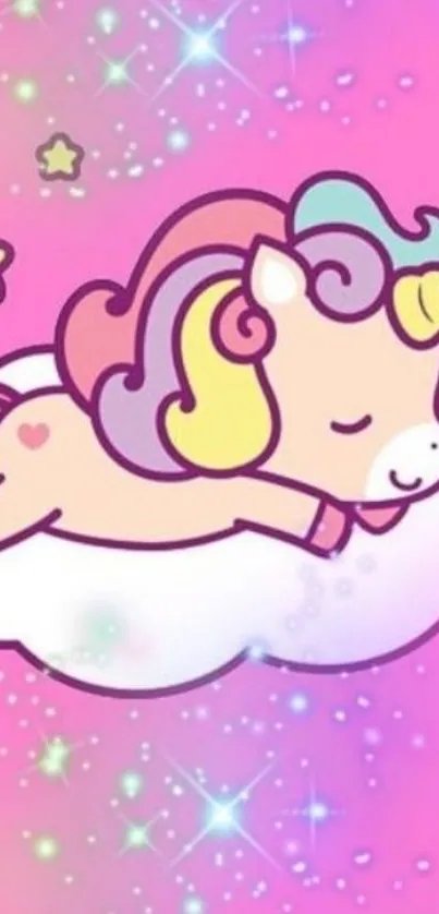 Cute unicorn sleeping on cloud with stars and pastel background.