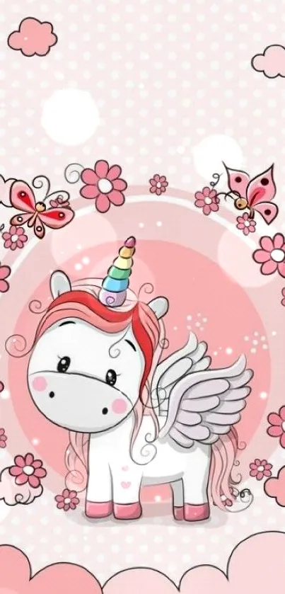 Cute unicorn wallpaper with pink flowers and butterflies.