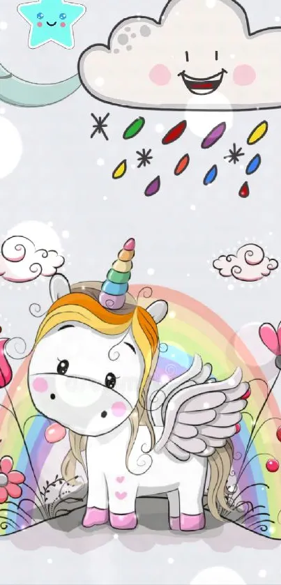 Cute unicorn with rainbow and clouds mobile wallpaper.