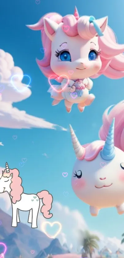 Cute pastel unicorns float in a magical sky scene.