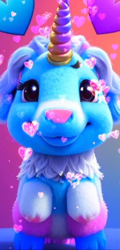 Adorable blue unicorn with hearts wallpaper for mobile devices.