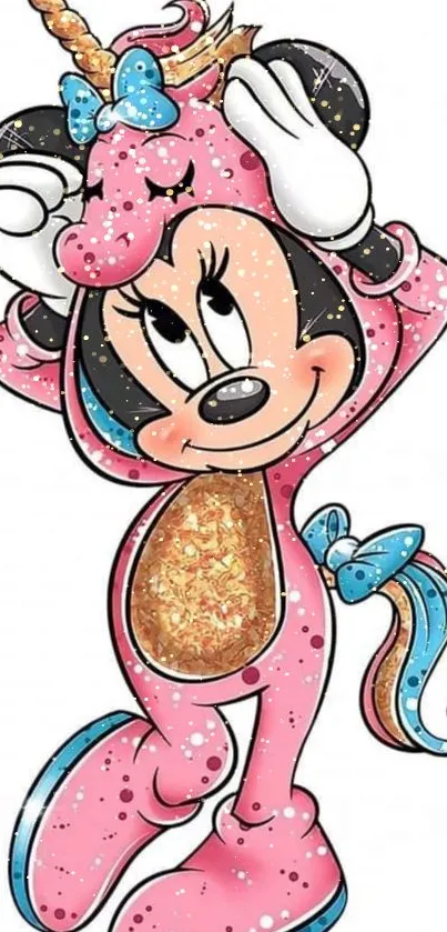 Cute cartoon mouse in a pink unicorn costume illustration.