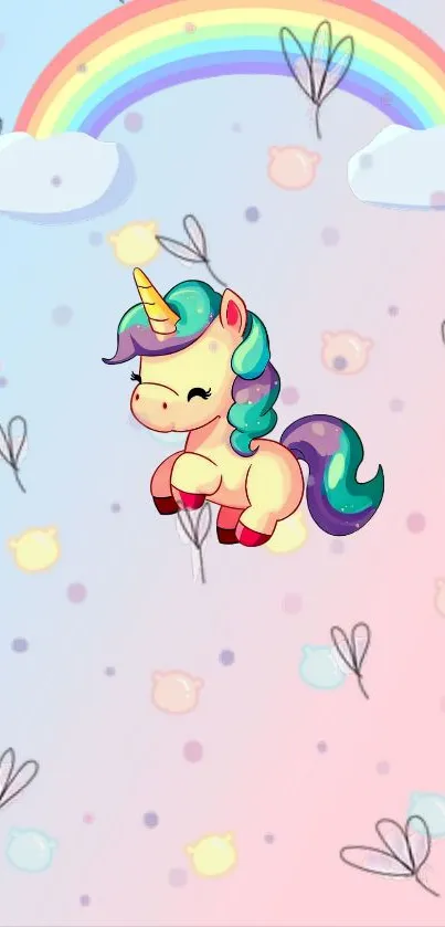 Cute unicorn with rainbow on pastel background wallpaper.