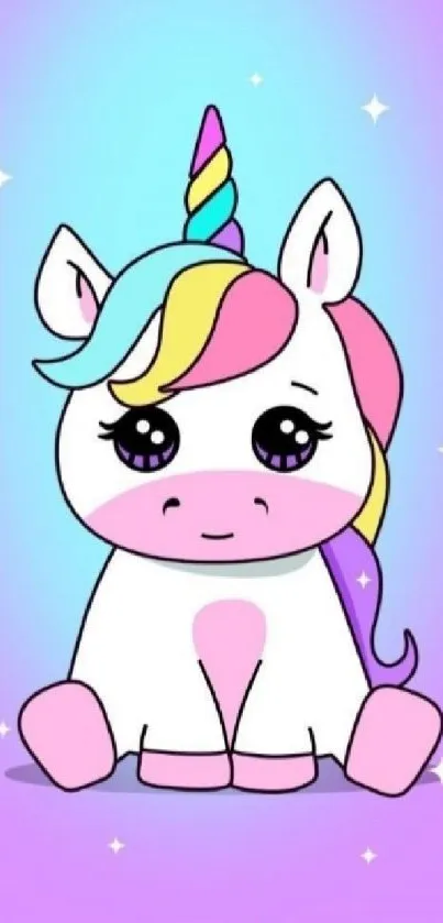 Cute pastel unicorn with colorful mane and sparkling stars.