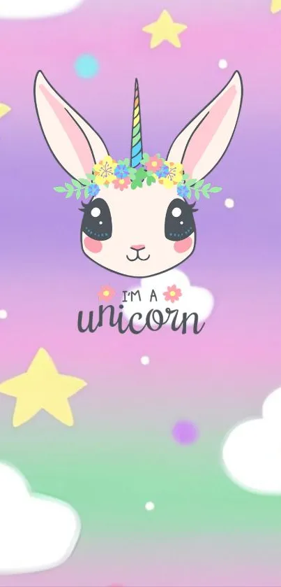 Pastel mobile wallpaper featuring a cute unicorn with flowers, stars, and clouds.