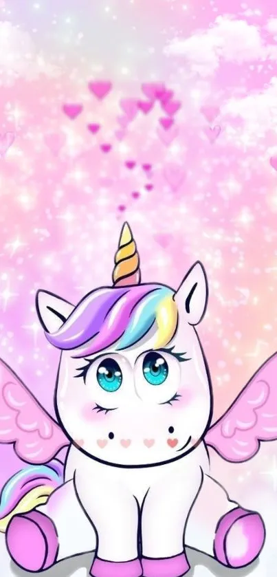 Cute unicorn with pastel wings and clouds mobile wallpaper.