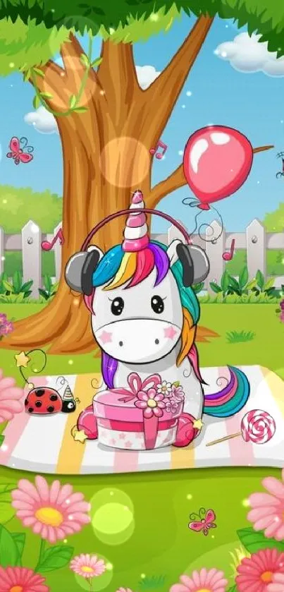 Cute unicorn with rainbow mane enjoying a picnic under a tree.