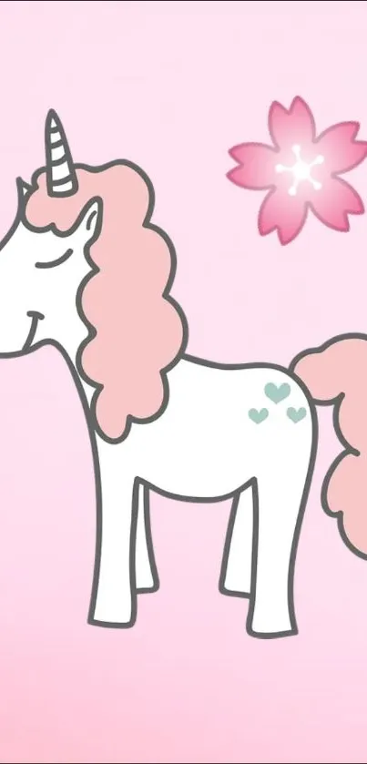 Cute pink unicorn wallpaper with hearts and a cherry blossom.