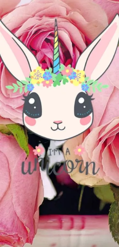 Cute unicorn rabbit with pink roses wallpaper.