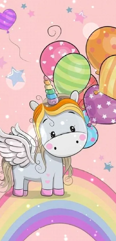 Cute unicorn wallpaper with pastel colors, balloons, and a rainbow.