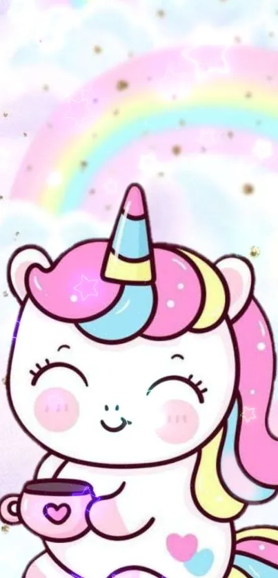 Cute pastel unicorn with rainbow and stars, perfect for phone wallpaper.