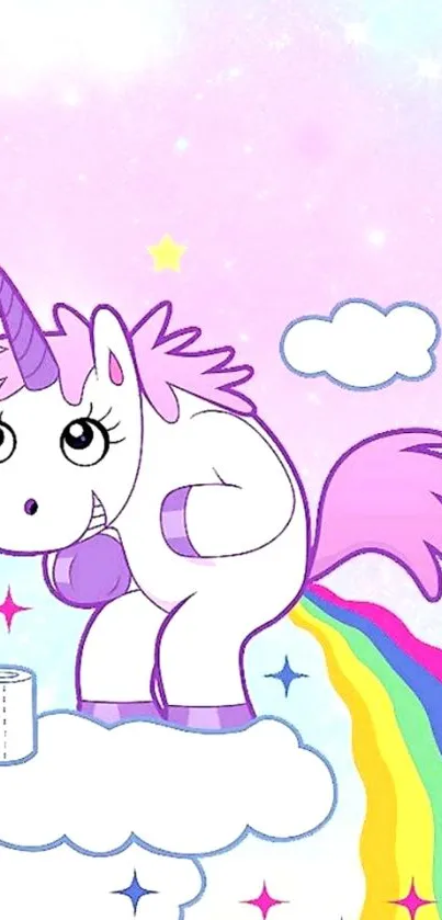 Cute unicorn on cloud with rainbow background.