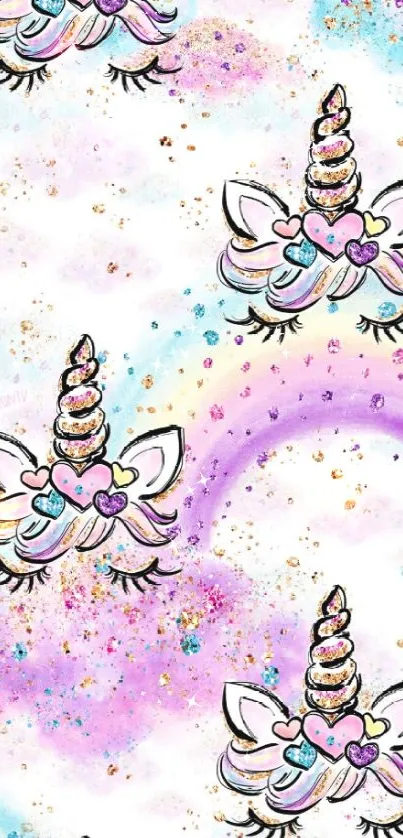 Whimsical unicorn wallpaper with pastel rainbows and glitter accents.