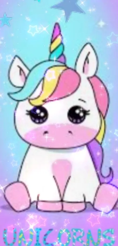 Cute cartoon unicorn with pastel colors and sparkly stars on a light blue background.