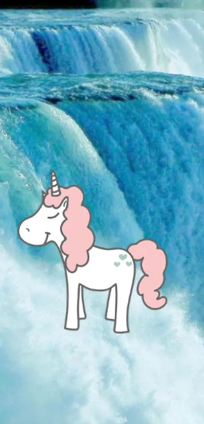 Whimsical unicorn on a serene waterfall background in pastel tones.