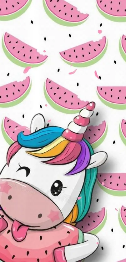 Playful pastel unicorn holding watermelon with pink slices.