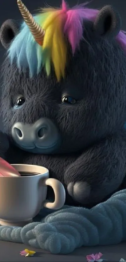 Adorable unicorn with colorful mane sipping coffee in a cozy setting.