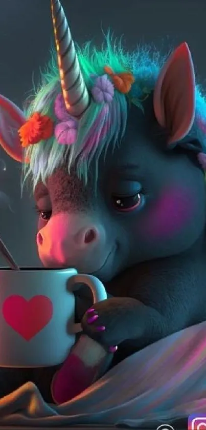 A cute 3D unicorn sipping from a heart mug, wrapped in a blanket.