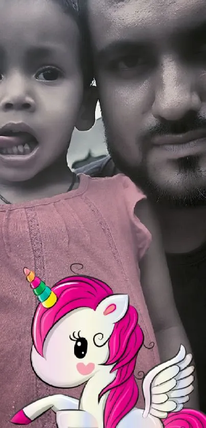 Cute pink unicorn with a smiling family in a mobile wallpaper.