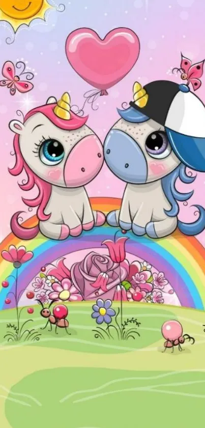 Adorable unicorns with rainbow and heart on mobile wallpaper.