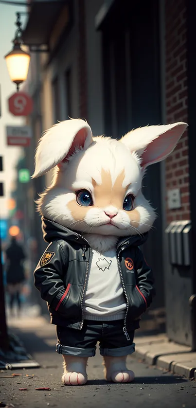 Cute cartoon bunny in jacket on city street.