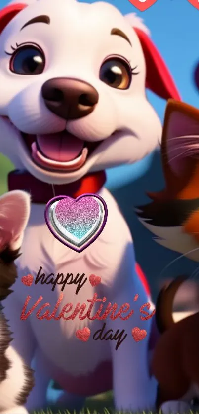 Cute animated animals with Valentine message on wallpaper.